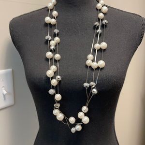 Opera length silver/black/white necklace